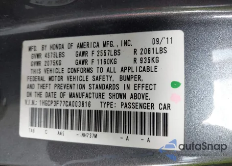 2012 Honda Accord 3.5 Ex z USA, uszkodzony, nr VIN 1HGCP3F77CA003816